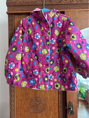 London Fog Girls Pink Retro Floral Fleece-Lined Winter Coat Size 5